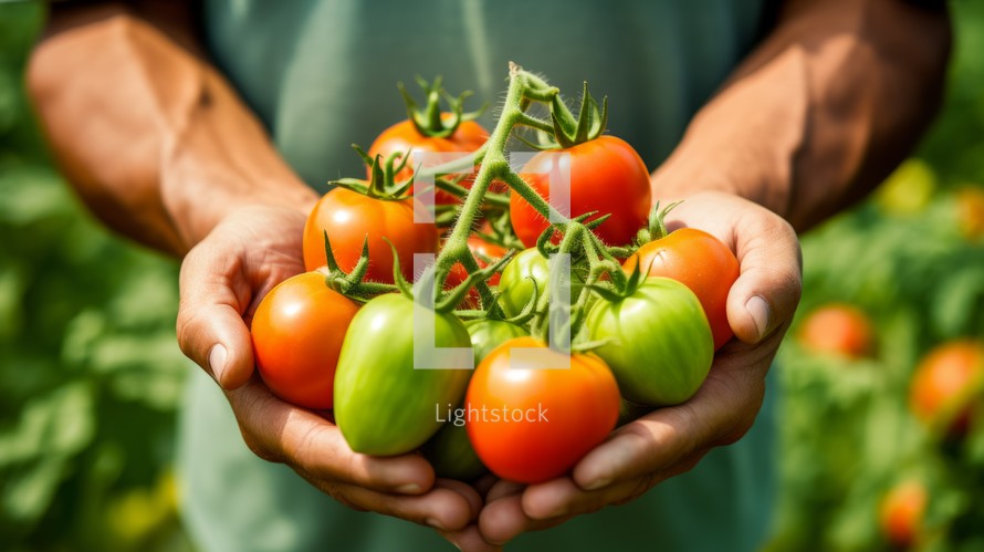 close-up of a man's hands holding a bunch of tomatos, harvesting in a greenhouse Generative AI