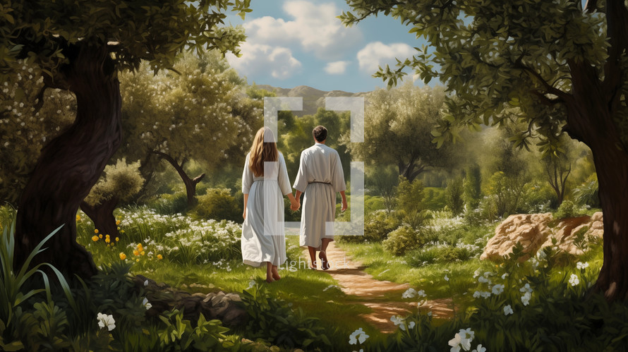 The Garden of Eden art portrait of Adam and Eve. Old testament. Christian illustration