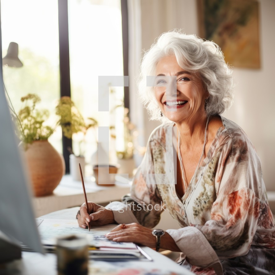 Stock image of an older woman painting or doing artwork, expressing creativity and passion Generative AI