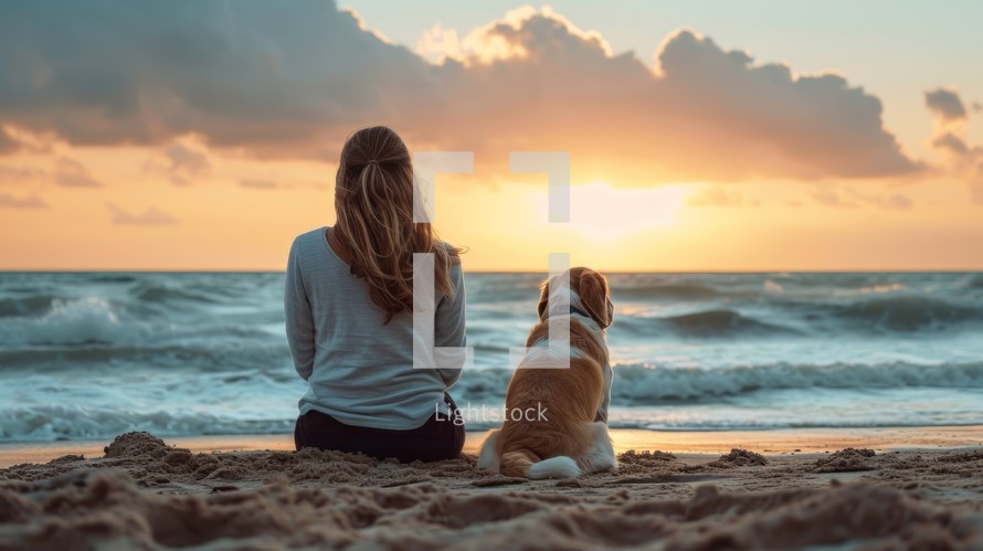 Photo concept of a woman sitting on the sand with her dog, watching the waves and sharing a peaceful moment by the seashore Generative AI