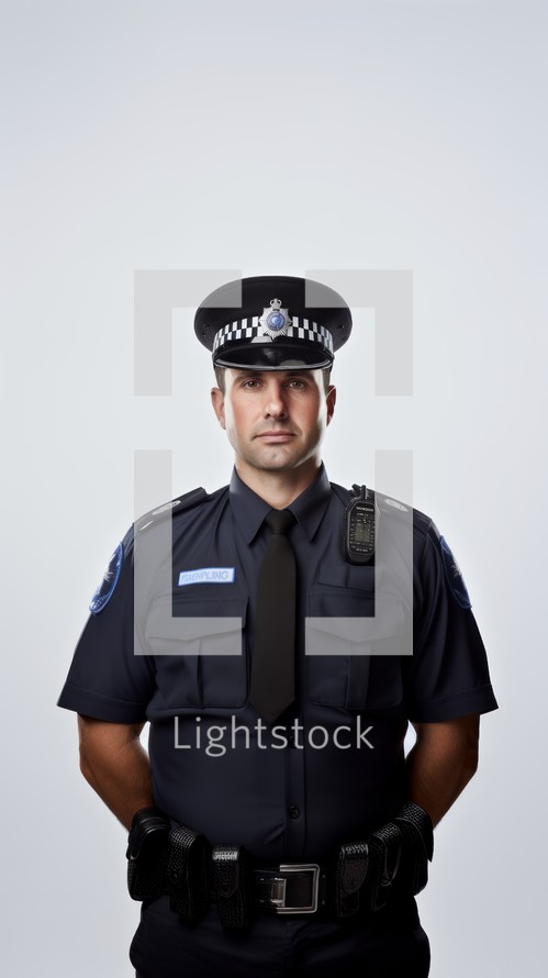 Middle-aged male police officer in uniform, subtle smile, confident posture, full-height view on a plain white backdrop Generative AI