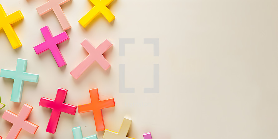 Colorful Crosses on a white background with copy space 