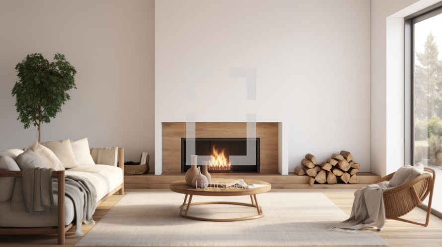 Realistic photo of a Scandinavian-inspired living room, minimalist fireplace, neutral tones, clean design, natural light, simple and serene ambiance Generative AI