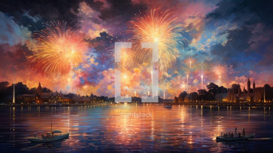 Realistic oil painting capturing the explosive energy and colors of a fireworks show. Generative AI