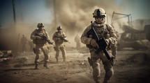 Military special forces cross the battlefield through fire and smoke in the desert