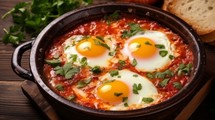 Shakshuka, eggs poached in a spicy tomato sauce, presented on a white plate, top-down view, rustic and flavorful meal Generative AI