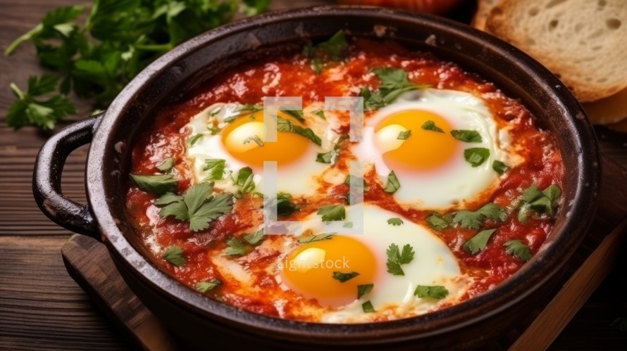 Shakshuka, eggs poached in a spicy tomato sauce, presented on a white plate, top-down view, rustic and flavorful meal Generative AI