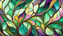 flowing green, gold and purple leaves on graceful stems, abstract nature background