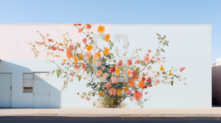 Wild flower growth mural painting on side of building