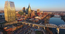 4K Aerial Nashville Tennessee Constriction Building Circle Shot Bridge Skyline City Traffic Urban Roads Buildings