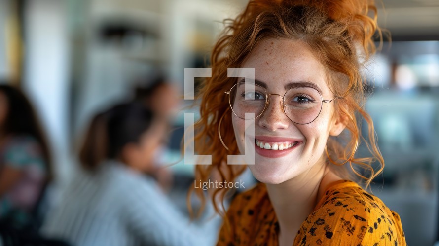 Realistic portrayal of a woman in an office setting, smiling cheerfully during a video call or virtual meeting with colleagues Generative AI