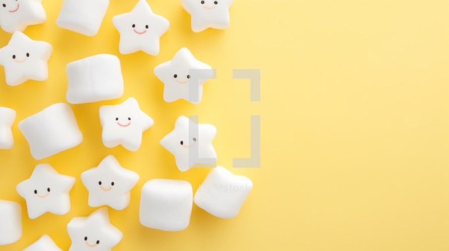 Marshmallows in sunny yellow, star-shaped, scattered on a white background, warm and inviting lighting, playful and cheerful mood Generative AI