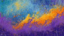 rough abstract canvas painting in purple, orange, and blue