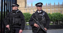 4K Police Slow Mo London Paralament Big Ben Officers Guards Gun Rifle Gimbal Shot