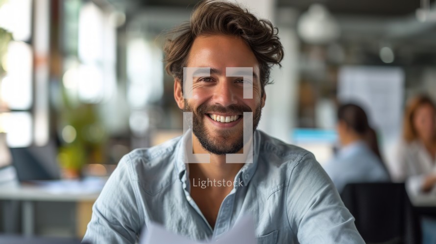Photo concept of a man in an office cubicle, smiling confidently while working on paperwork and interacting with colleagues Generative AI