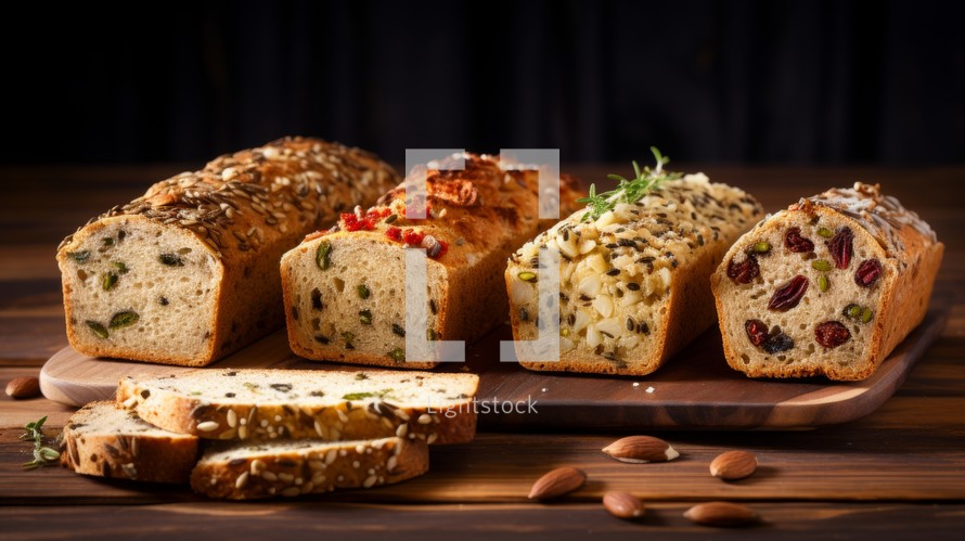 Seeded multigrain bread slices, highlighting the variety of grains and seeds within each slice Generative AI