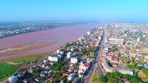 Mekong River Aerial View Drone Footage Pan Up Vientiane Laos Border Of Thailand 4K