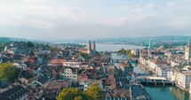 Aerial Zurich Switzerland Sweeping Over City Reformation History Cinematic Drone