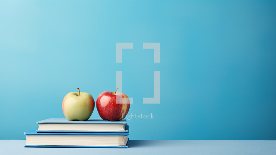 Apples on school books, blue background, text background