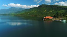 Aerial Asian Jungle Lake Laos Nam Ngum Reservoir Resort Flyover Drone