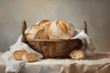 a renaissance style oil painting of a basket full of bread