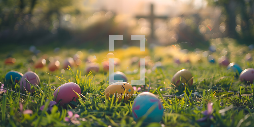 Easter Eggs in a field of flowers with a cross in the background, spring time scene