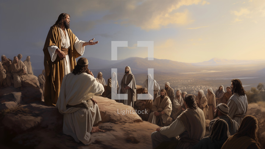 A captivating portrayal of the Sermon on the Mount, with Jesus teaching a crowd of followers on a hillside Generative AI