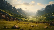 Generative AI Golden sunlight casting long shadows over rocky cliffs and verdant meadows in a tranquil mountain valley.