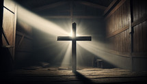Cross with light shinning from the back in wooden barn