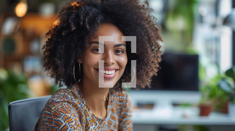 Realistic photo concept of a woman in an office, sitting at a desk with a bright smile while working on a computer Generative AI