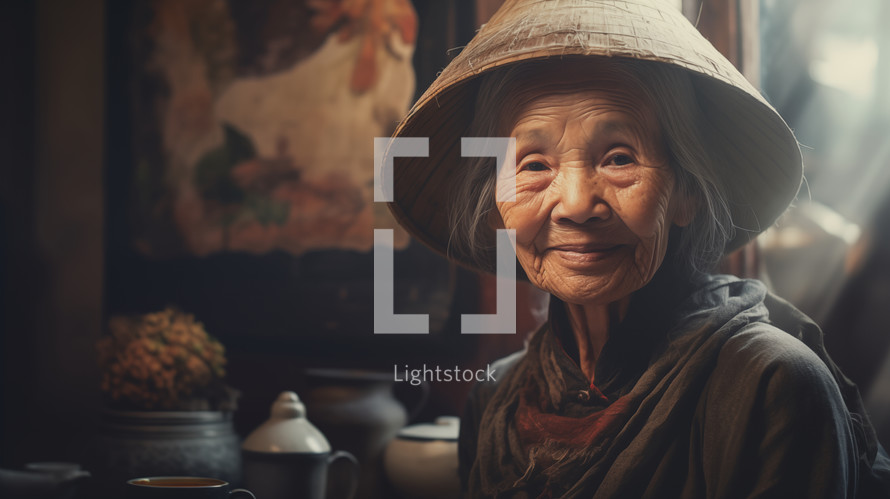 Portrait of a old rice working woman with hat 