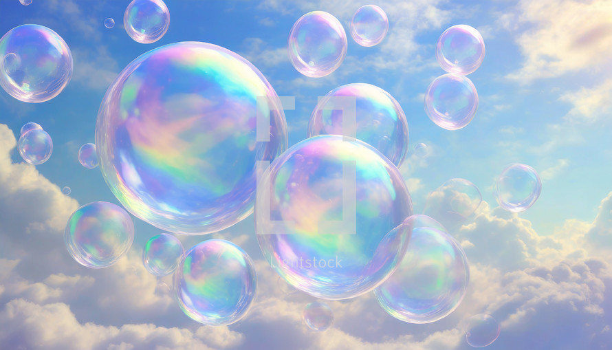 colorful iridescent soap bubbles floating in the sky with soft background clouds and sunshine