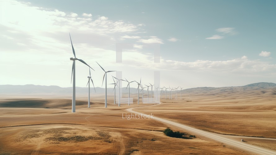 Generative AI Drone footage highlighting the symmetrical arrangement of wind turbines across a windy plain.