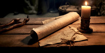 Old scroll laid on a table with candlelight. 