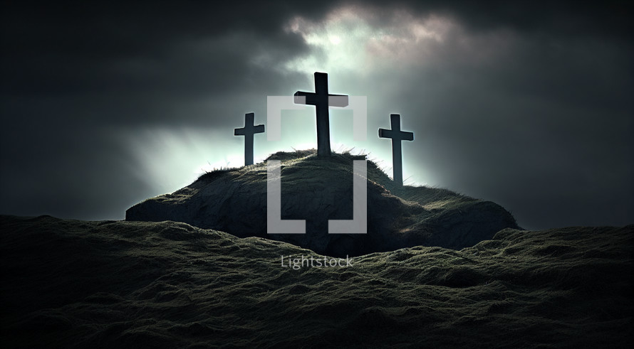 Three crosses on top of a hill.