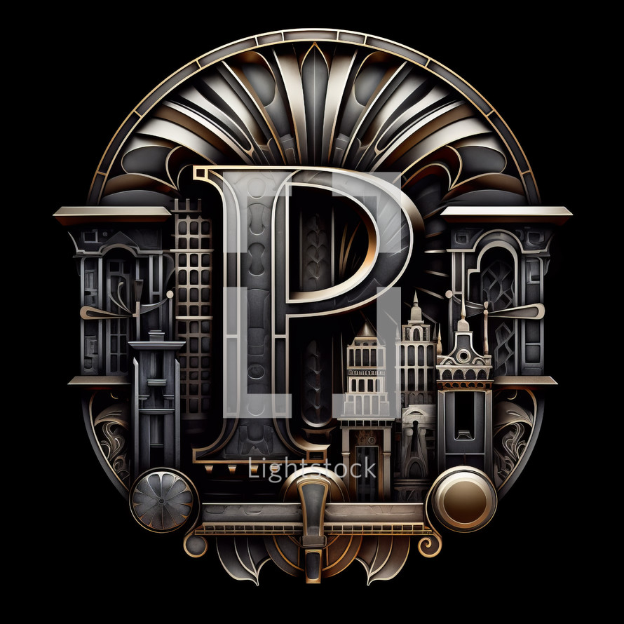 3D Emblem of Letter P in Steampunk Style Art