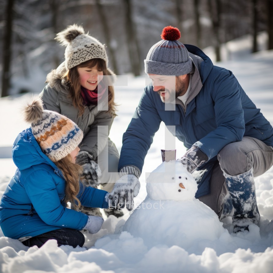 Stock image of a family building a snowman in the winter, enjoying the snow Generative AI