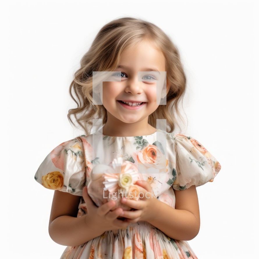 Stock image of a child in a floral dress on a white background Generative AI