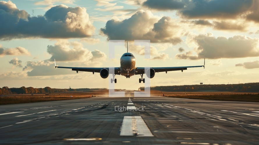 Passenger jet landing at airport, touchdown, runway perspective, travel anticipation Generative AI