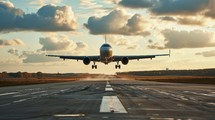 Passenger jet landing at airport, touchdown, runway perspective, travel anticipation Generative AI