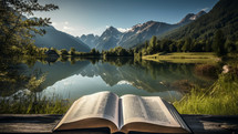 Bible in the grass looking over the lake and mountains.