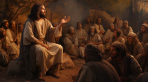 A captivating portrayal of the Sermon on the Mount, with Jesus teaching a crowd of followers on a hillside 