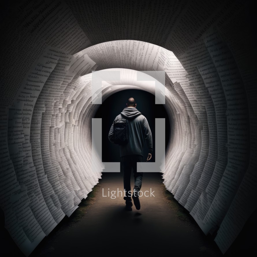 Silhouetted person walks through an illuminated tunnel made of book pages