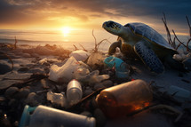 AI generative image. Turtle on a beach with plastic contamination. Environmental issues concept