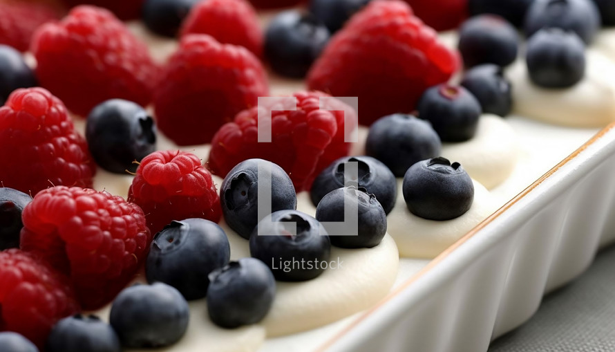 Delicious Fourth of July dessert, decorated with red, white, and blue berries