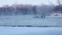 Fishing Boat Foggy Morning Winter River Fisherman Snowy Sunrise