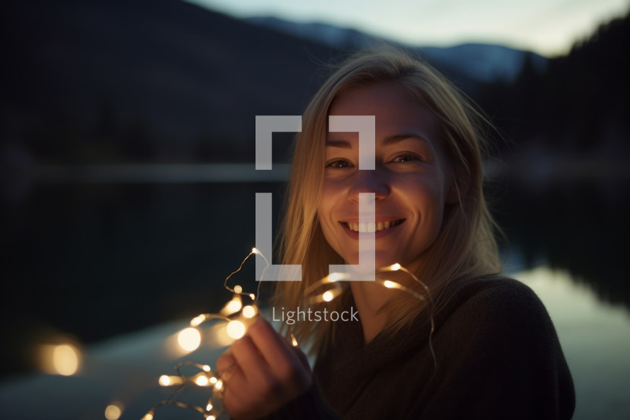 AI Generated Image. Playful smiling blond woman with Christmas string light next to the pond at night