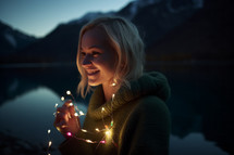 AI Generated Image. Playful smiling blond woman with Christmas string light next to the pond at night