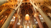 interior of the La Sagrada Familia Gaudi church in Barcelona, Spain