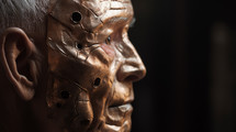 AI Generated Image. Robotic senior man with rusty metallic face. Artificial intelligence concept